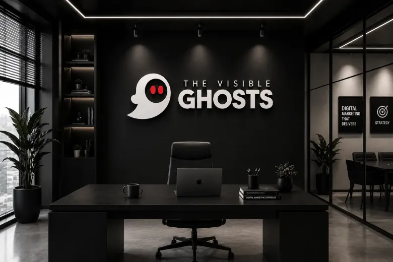 Modern creative agency office interior with minimalist decor and branded workstation
